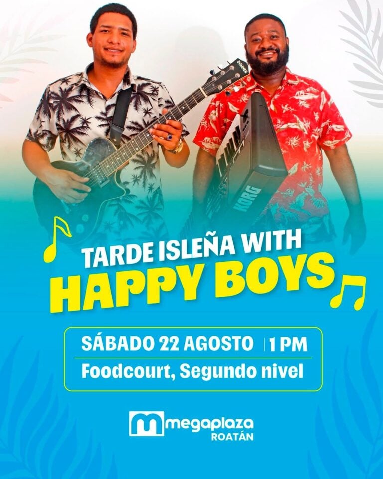 Two happy men playing musical instruments, one with an electric guitar and the other with a keyboard, standing against a white wall decorated with pastel-colored palm leaves on Roatan, Bay Islands, Honduras.
