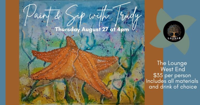 Colorful watercolor painting of an orange starfish set against an abstract background of blue, green, and yellow hues on Roatan, Honduras.