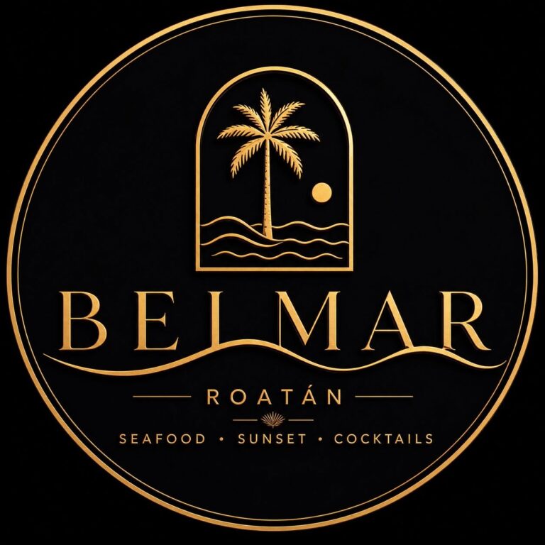Belmar Roatán logo featuring a golden palm tree, sunset, ocean waves, and seafood, sunset, and cocktails branding in Roatán, Honduras.