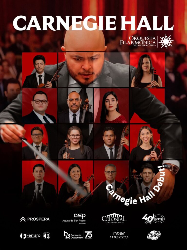 Poster advertising Carnegie Hall's Hall Debate featuring the Orquesta Filarmónica de San Pedro Sula in Honduras with images of musicians and conductors on a red background.
