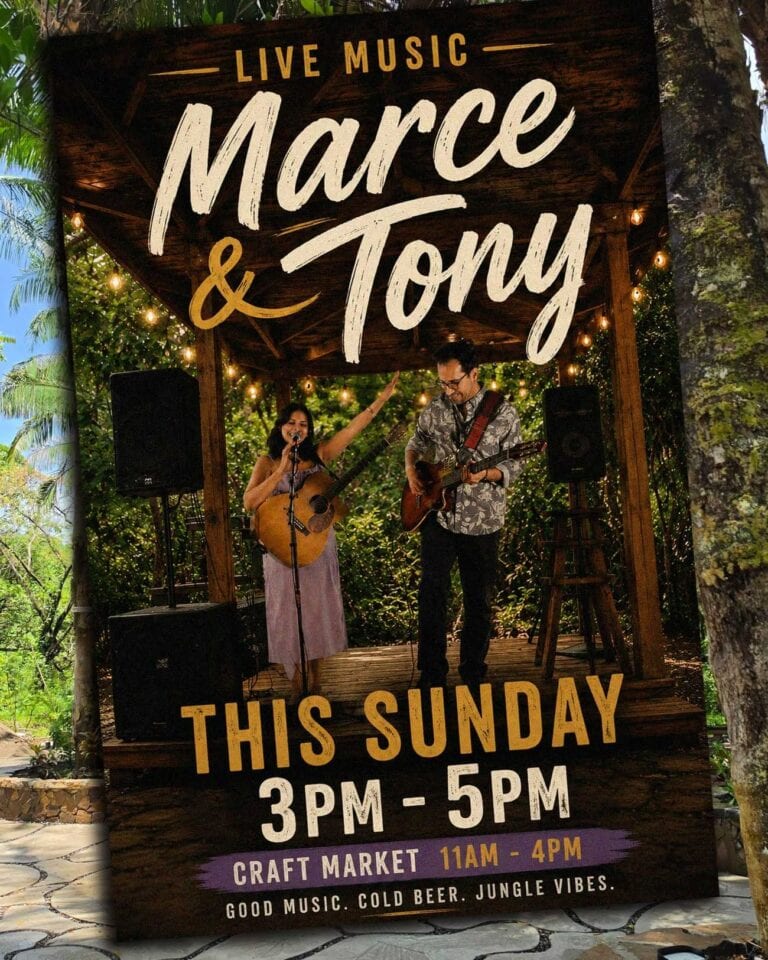 A promotional sign for live music by Marce and Tony on Roatan, Honduras, featuring a woman and a man playing guitars under string lights surrounded by lush green trees.