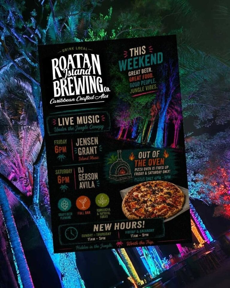 Colorful illuminated trees at night near Roatan Island Brewing Co. on Roatan, Honduras, with a vibrant event poster advertising live music, food, and drinks at a local venue.