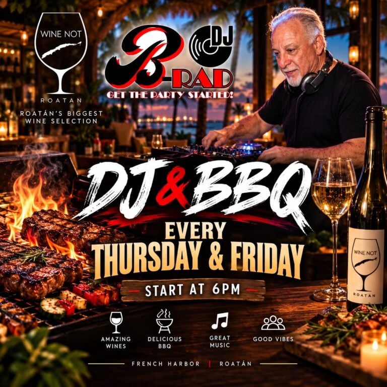 A lively outdoor event in Roatan, Honduras featuring a DJ playing music at sunset with grilled steaks, wine, and tropical decor in the background.