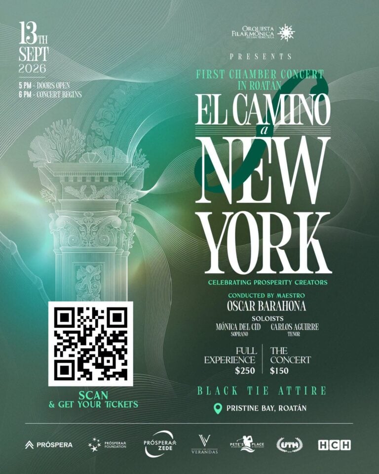 A promotional flyer for a chamber concert in Roatán, Honduras, featuring elegant green and white design elements, a classical column illustration, and event details with a QR code.