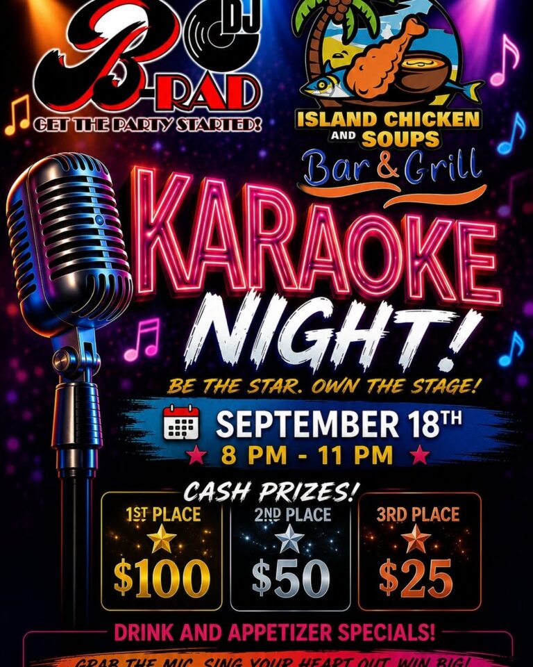 A vibrant poster advertising a karaoke night event in Roatan, Honduras, featuring neon text, a vintage microphone, and colorful musical notes.