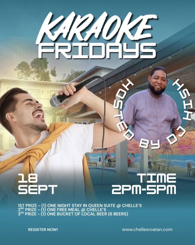 A young man singing into a microphone outdoors at a Caribbean-style venue on Roatan, Honduras, during Karaoke Fridays with a smiling man in the background nearby the poolside.