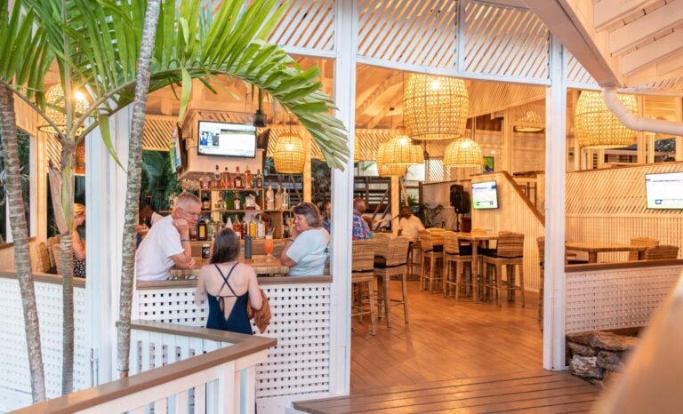 Interior view of a tropical-themed restaurant in Roatan, Honduras, with wooden furniture, hanging rattan lights, and lush green plants, showing customers enjoying drinks inside.