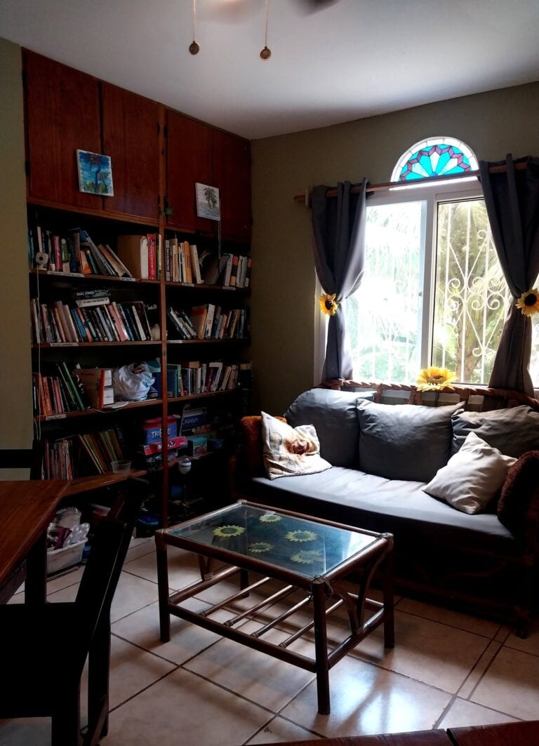 Living room in Roatan Honduras with a large window, dark curtains tied back with sunflower decorations, a gray sofa with cushions, and a glass-top coffee table with sunflower patterns, surrounded by bookshelves filled with books.