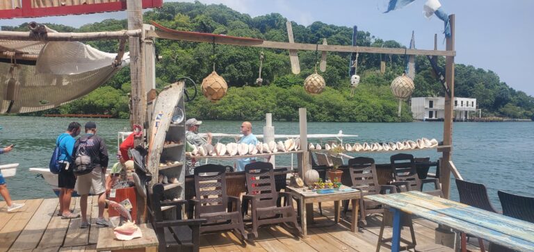 A waterfront seafood stand on Roatan, Honduras, with seashells and fishing floats displayed, and people browsing and enjoying the view of the bay and lush green hills in the background.