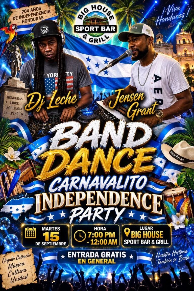 Promotional poster for a reggae band dance event in Roatan, Honduras, featuring DJ Leche and Jensen Grant with a vibrant background of fireworks, palm trees, and Honduran flags.