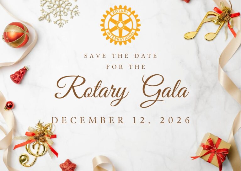A festive Christmas-themed image with gold and red ornaments, ribbons, and decorative elements surrounding a Rotary International logo for a Roatan Gala in Honduras.
