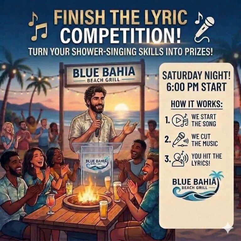 A lively outdoor scene at Blue Bahia Beach Grill in Roatan, Honduras, with people gathered around a fire pit enjoying a singing competition with a sunset in the background.