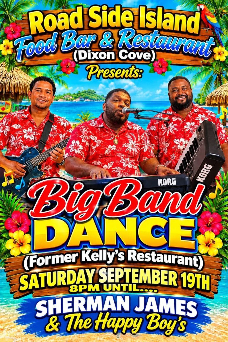 Three musicians performing live on a beach in Roatan, Honduras, with tropical palm trees, thatched umbrellas, and the ocean in the background during a lively event.