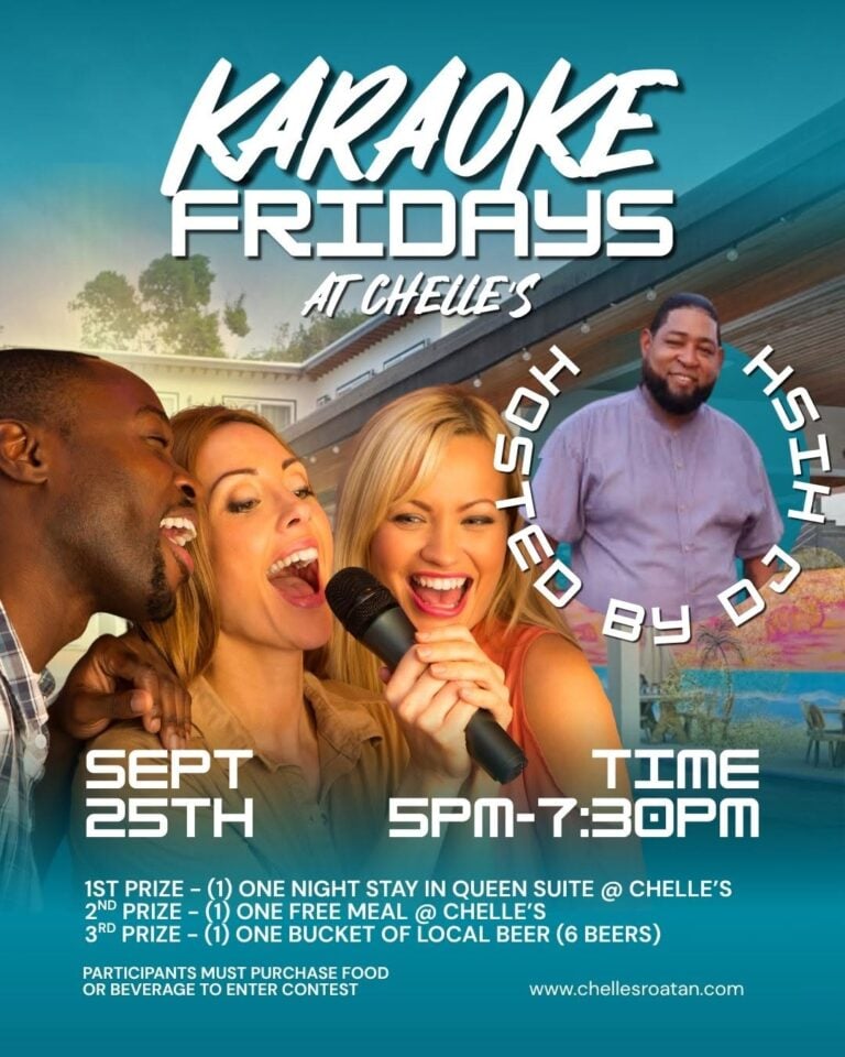 A promotional poster for Karaoke Fridays at Celle's in Roatan, Honduras, showing three people singing and enjoying the event with a background of a house and trees typical of Roatan.