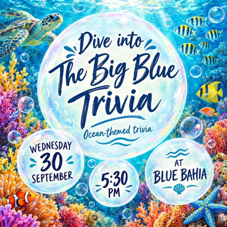 Colorful underwater scene with a sea turtle, various tropical fish, and vibrant coral reefs surrounding an ocean-themed trivia event poster for Roatan in Honduras.