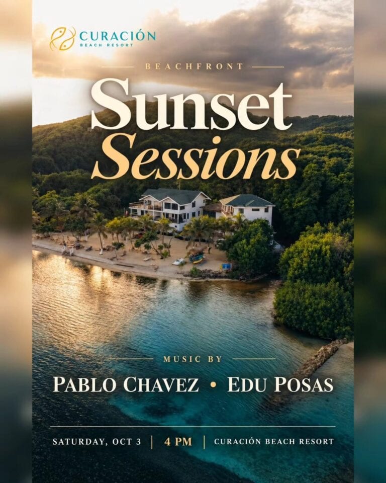 Curación Beach Resort in Roatan, Honduras promotes Sunset Sessions with an aerial view of its beachfront property, turquoise water, and forested coastline.