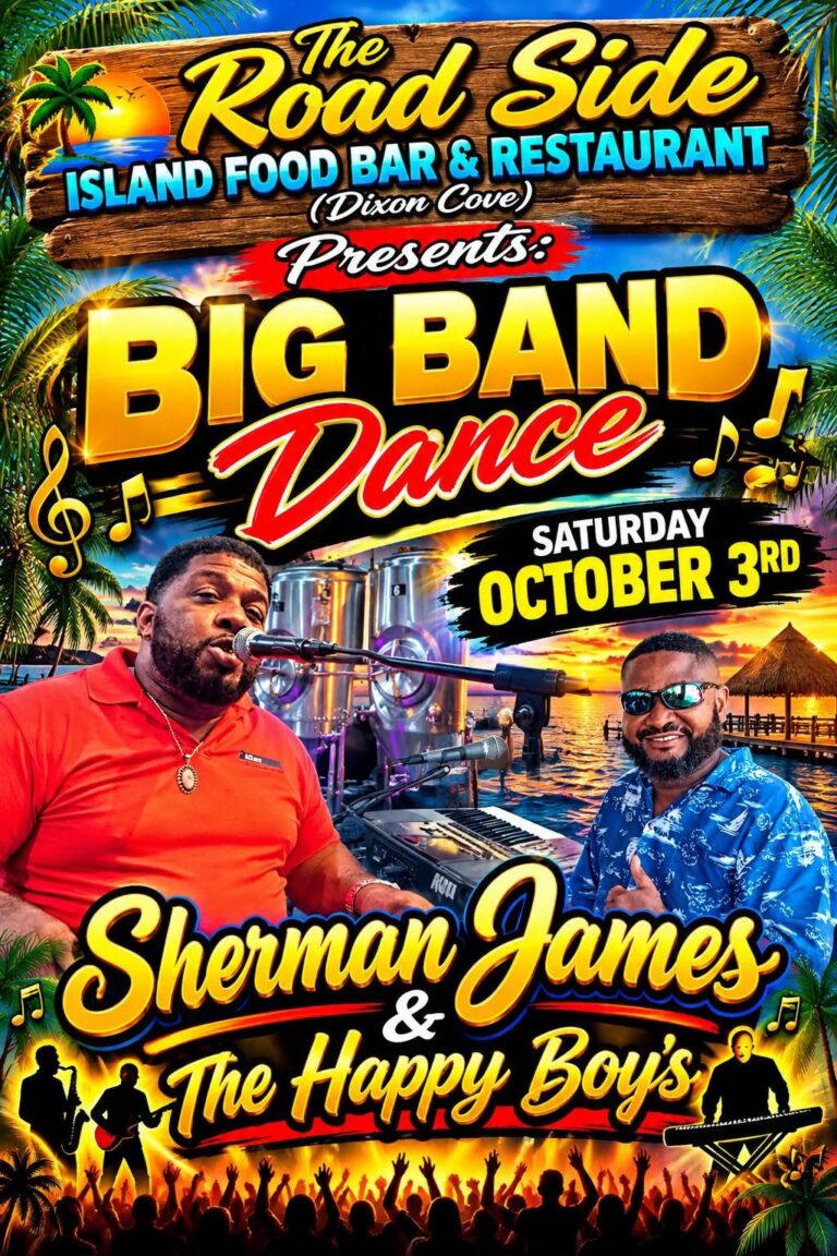 Colorful promotional poster for The Road Side Island Food Bar and Restaurant in Roatan, Honduras, advertising a Big Band Dance featuring Sherman James and The Happy Boys on Saturday, October 3rd.