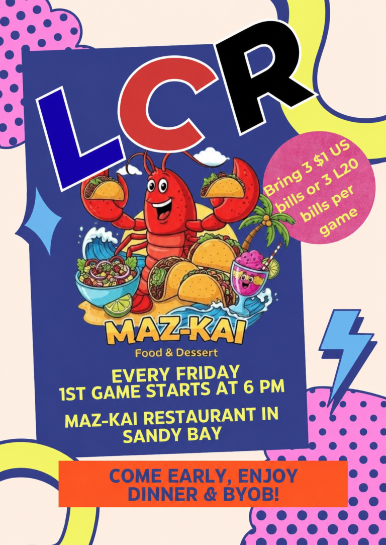 Colorful poster advertising a weekly game night event at Maz-Kai restaurant in Sandy Bay, Roatan, Honduras, featuring a cartoon lobster surrounded by tacos, salads, and drinks with vibrant background elements.