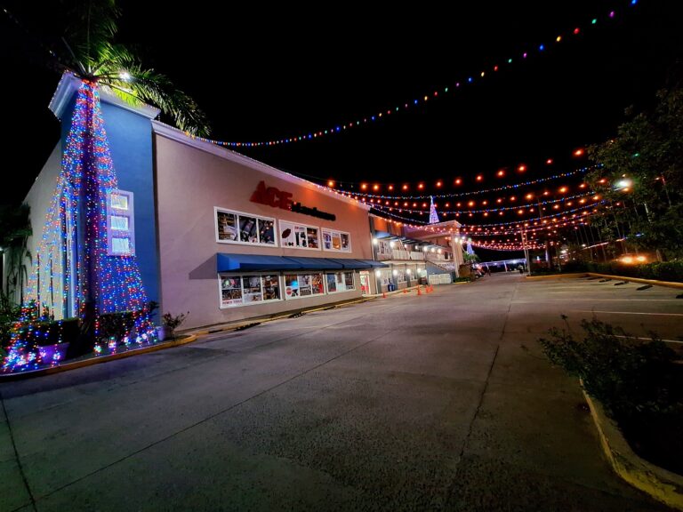 Colorful string lights are decorated across the exterior of a buildings in Roatan, Honduras, with a palm tree and night sky in the background.