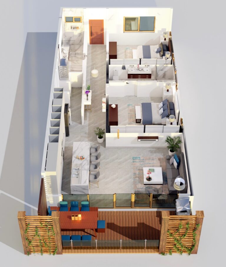 A 3D floor plan of a modern apartment with two bedrooms, two bathrooms, a living room, a kitchen with a bar, and a balcony with outdoor seating in Roatan, Honduras.