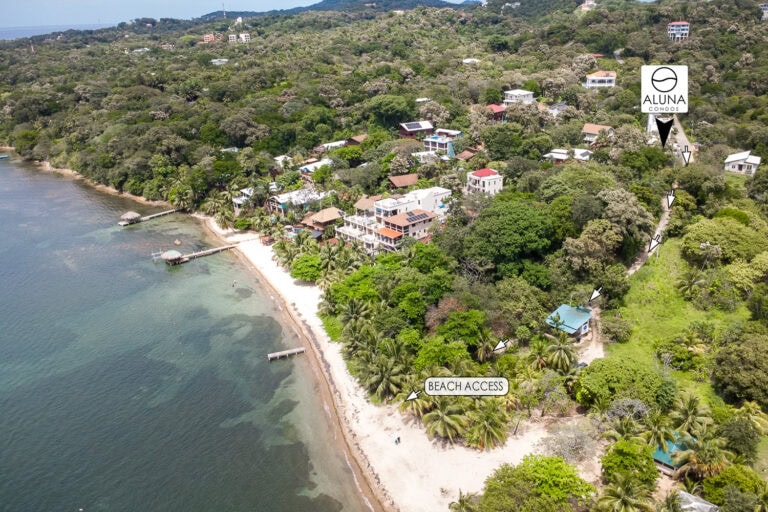 Aerial view of a lush green beachfront neighborhood in Roatan, Honduras, featuring beach access points, docks extending into the Caribbean Sea, and a marked location of Aluna Condos amidst tropical trees.
