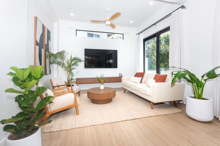 Modern living room in a bright, white-walled house on Roatan with large windows overlooking tropical greenery in Honduras, decorated with minimalist furniture and indoor plants.
