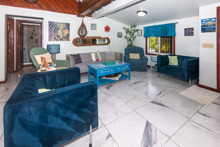 Living room in a cozy house on Roatan with white walls, colorful ocean-themed decorations, a blue curtain, and tropical plants, showcasing Honduran island charm.