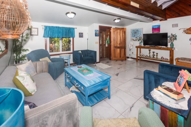 Living room in a colorful and cozy house on Roatan with white walls, wooden accents, and tropical decor including paintings and vases. The room features a sofa, blue armchairs, a coffee table, and a flat-screen TV, with windows showing lush greenery outside in Honduras.