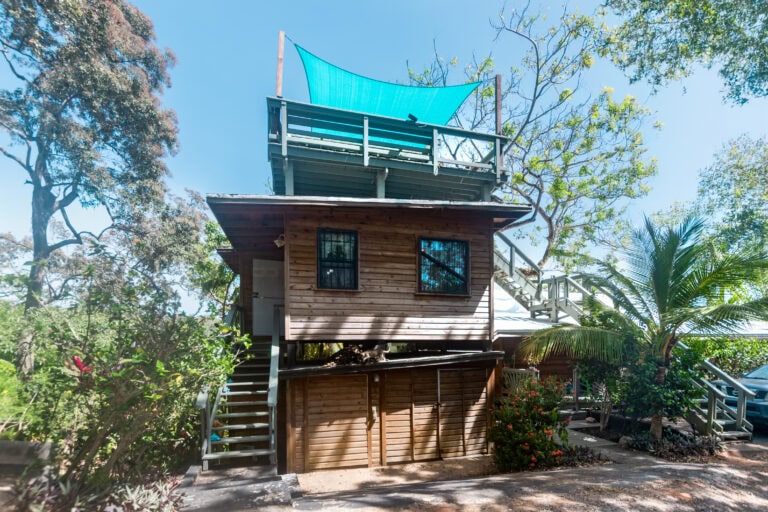 A two-story wooden house with stairs leading to a balcony, surrounded by lush tropical trees and plants on Roatan, Honduras, with a clear blue sky in the background.