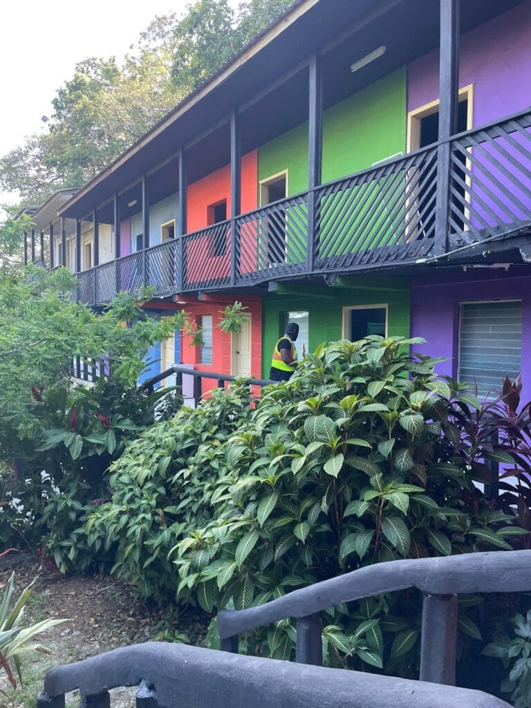 A colorful two-story building in Roatan, Honduras, features vibrant purple, green, red, and blue walls with a black wooden balcony and lush green foliage in the foreground.