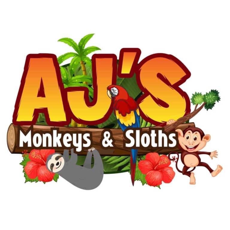 Colorful logo featuring monkeys and sloths in a tropical setting.
