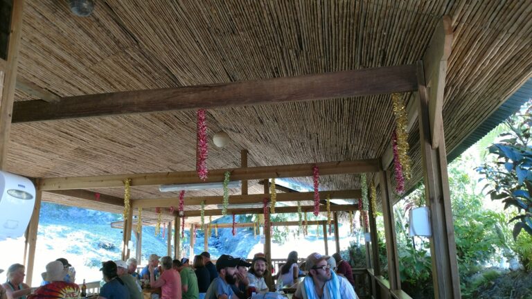 A group of people dining under a bamboo thatched roof decorated with colorful garlands at a restaurant in Roatan, Honduras.
