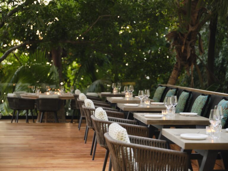 An outdoor dining area on Roatan, Honduras, features wooden tables set with white plates, glasses, and teal patterned cushions on wicker chairs, surrounded by lush green trees and foliage.