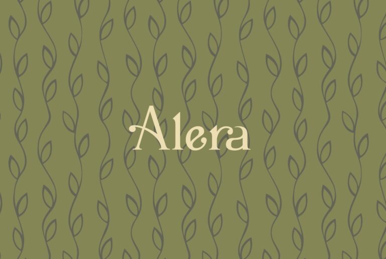Alera logo with stylized text on a green patterned background with leaf motifs.