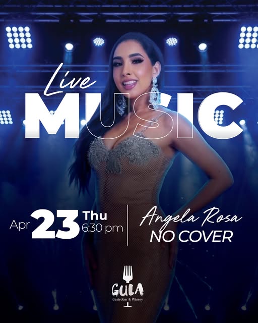 A promotional poster for a live music event featuring Angela Rosa, scheduled for April 23rd at 6:30 pm with no cover charge, displayed over a woman on stage with blue lighting, in Roatan, Honduras.