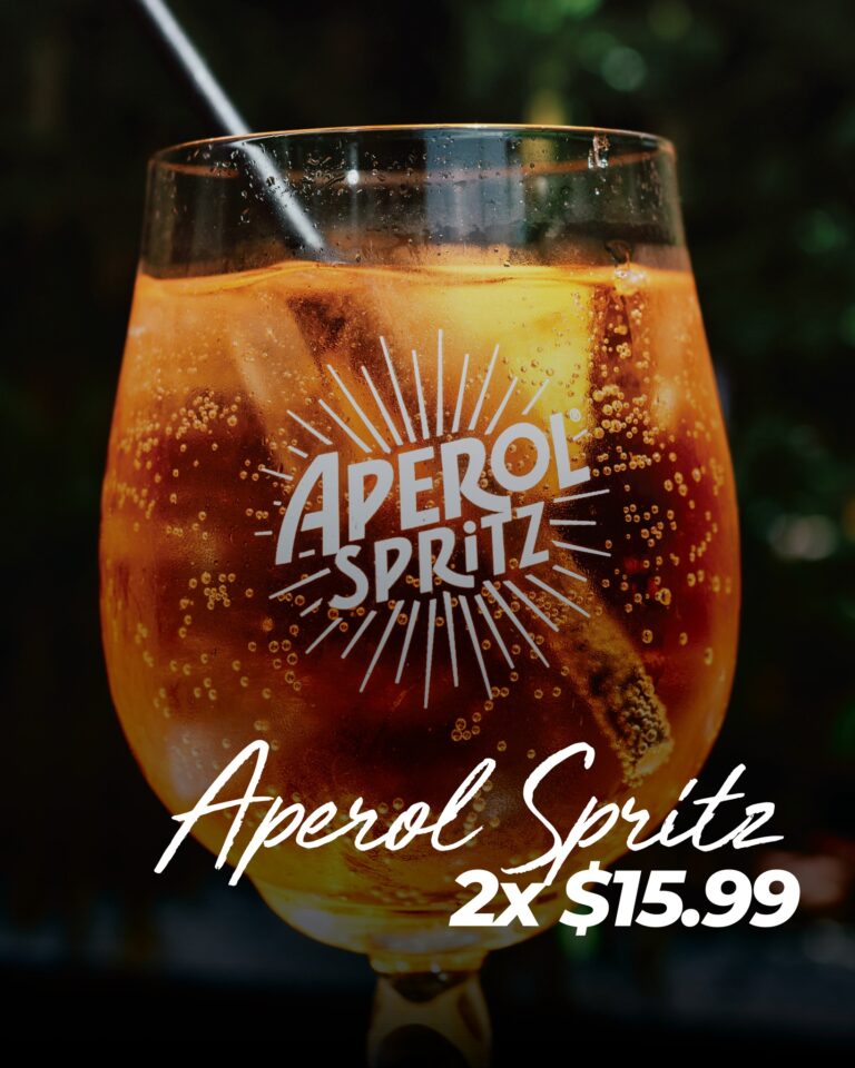 A glass of Aperol Spritz with ice and condensation, featuring the Aperol logo, promoting a special offer of two drinks for $15.99, on a dark background.