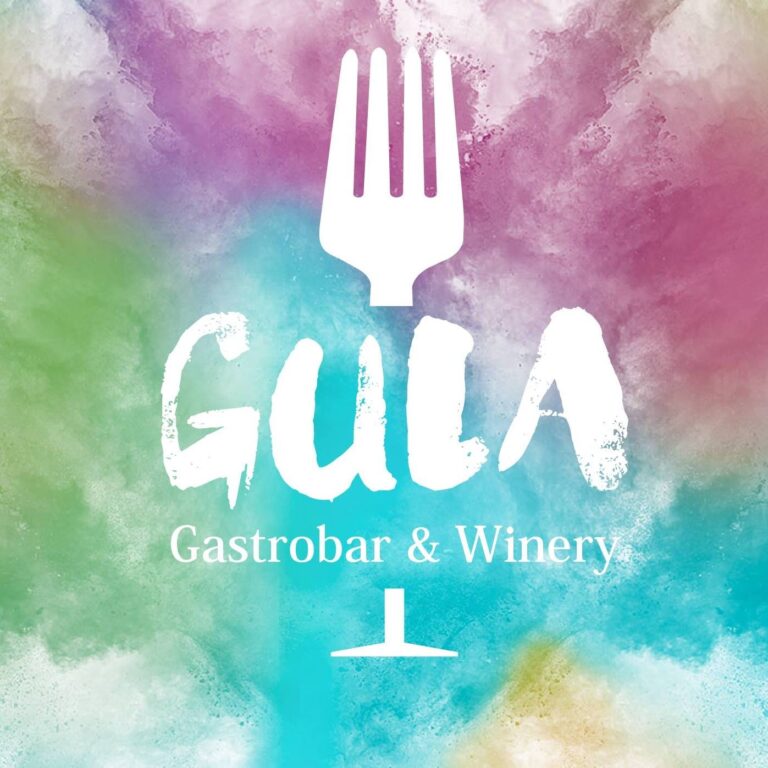 A colorful watercolor background with a white fork and the words "Gula Gastobar & Winery" in white text, representing a business listing on Roatan, Honduras.
