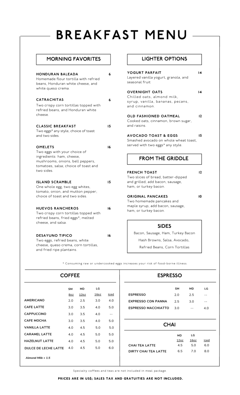 A detailed breakfast menu in English listing various options such as Honduran Baleada, Caterachitas, Classic Breakfast, Omelets, Isla Scramble, Huevos Rancheros, and Desayuno Tipico, along with sections for lighter options, from the griddle, sides, and beverages on Roatan, Honduras.