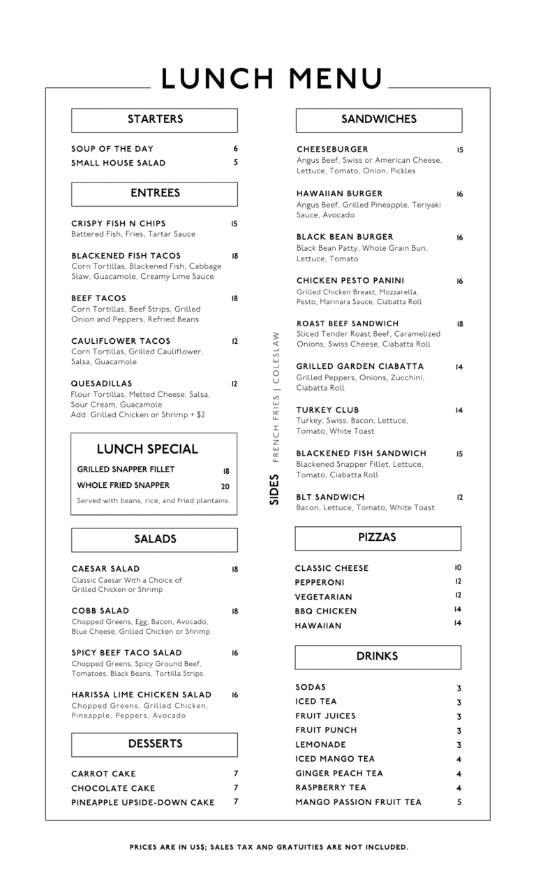 A detailed lunch menu from a restaurant in Roatan, Bay Islands, Honduras, displaying various starters, entrees, salads, desserts, and beverages with prices listed in US dollars.