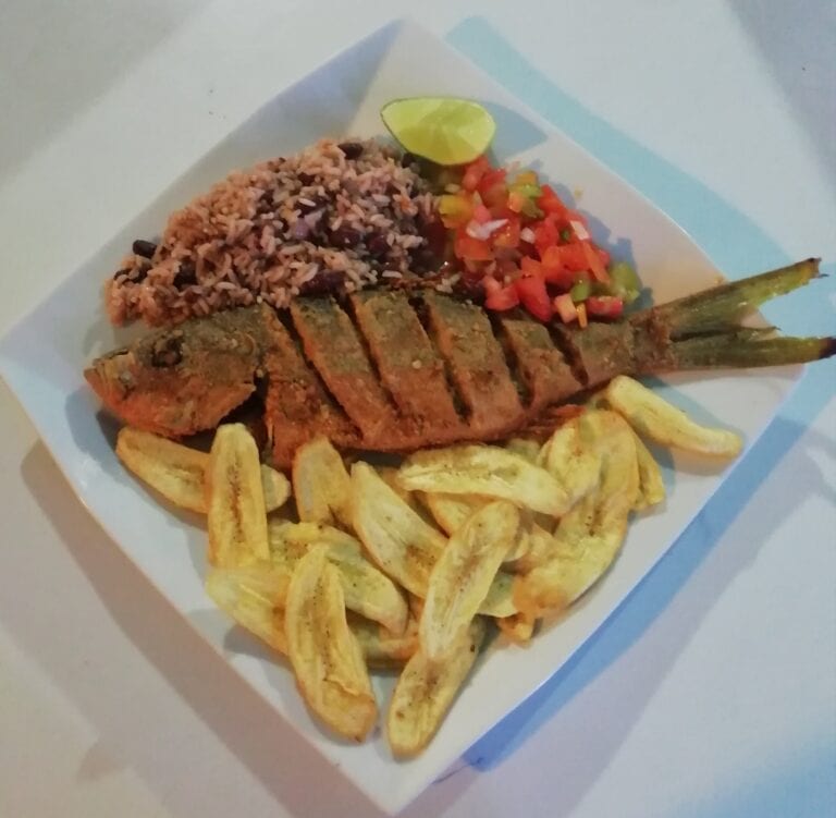 A plate of seasoned grilled fish with yellow fries, a side of rice and beans, and a small side of tomato and onion salad with a lime wedge, all displayed on a white plate at a restaurant in Roatan, Honduras.