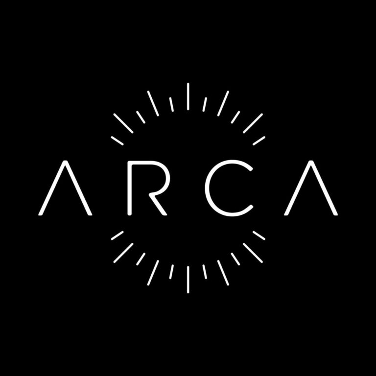 The image displays a black background with the word "ARCA" in white stylized uppercase letters surrounded by a circular pattern of short lines radiating outward, representing a modern logo for a business in Roatan, Honduras.