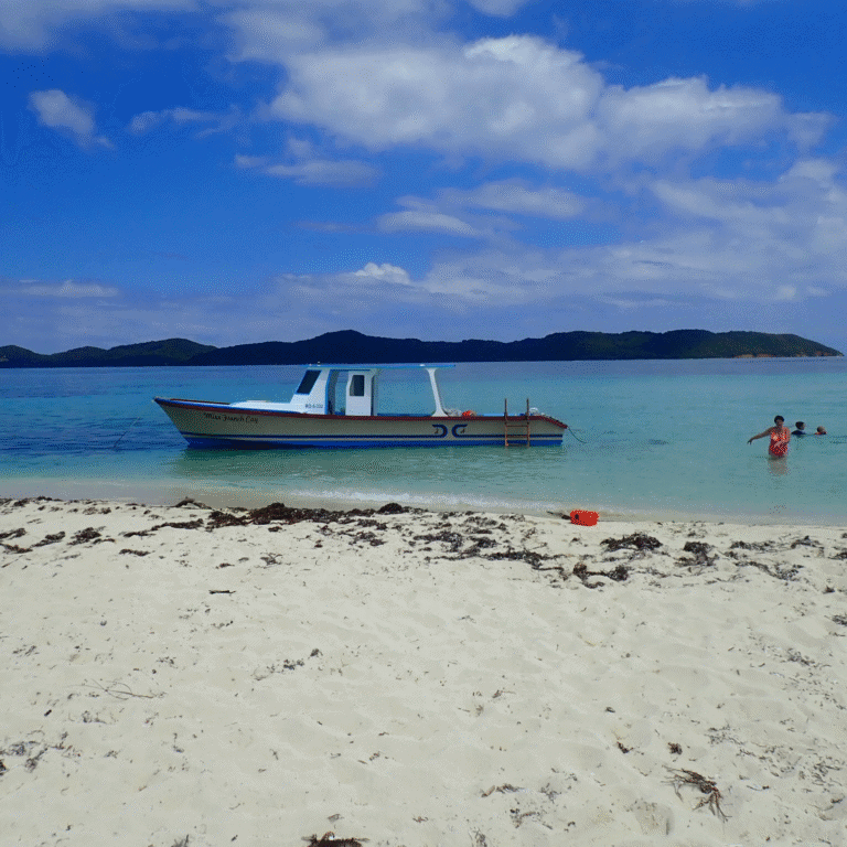 A white and blue boat named "Miss French Cay" floats in clear turquoise waters near the white sandy beaches of Roatan, Honduras, with a backdrop of green hills under a partly cloudy sky and children playing in the shallow water.