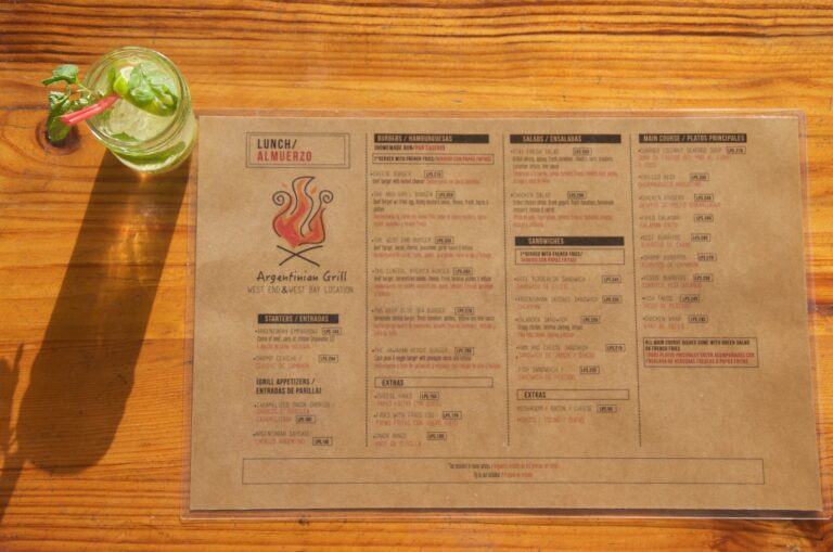 A menu from an Argentinian grill restaurant on Roatan, Honduras, is placed on a wooden table with a glass of mint and lime-infused water nearby.