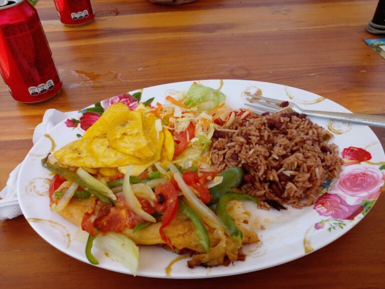 A plate of Honduran cuisine on a floral dish features rice and beans, fried plantains, and a colorful salad, with soda cans on a wooden table in Roatan, Honduras.