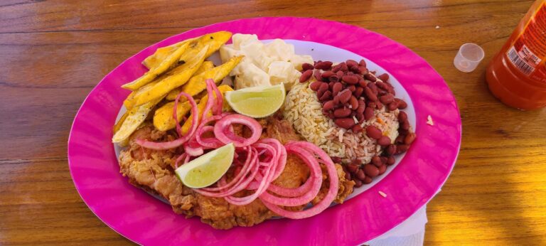 A vibrant plate of Honduran cuisine featuring fried chicken, yellow plantains, rice, red beans, potato salad, pickled red onions, and lime wedges on a pink plastic plate, set on a wooden table in Roatan, Honduras.