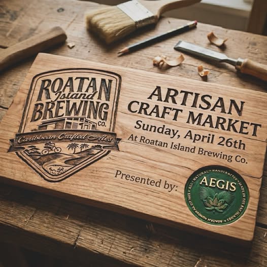 A wooden sign promoting the Artisan Craft Market at Roatan Island Brewing Co. in Honduras, with details about the event date, presenter, and the brewery's logo, surrounded by tools and wood shavings on a rustic table.