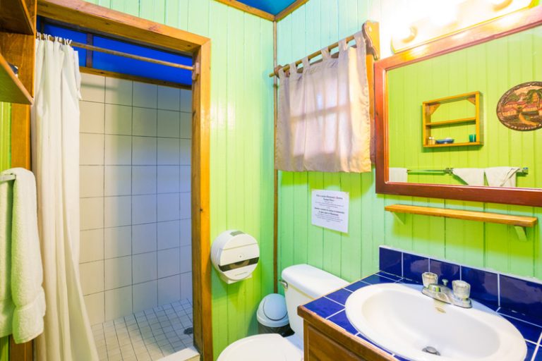 A small bathroom in a colorful tropical setting on Roatan, Honduras, features a tiled shower area with a white curtain, bright green wooden walls, a mirror with a wooden frame, a white toilet, a sink with blue tiles, and wooden shelves and a towel rack.
