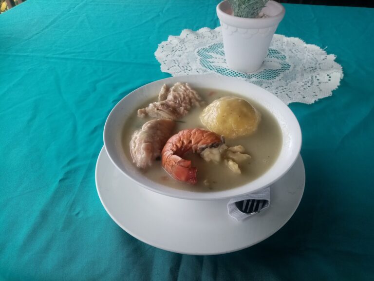 A bowl of traditional Honduran beef and potato stew is placed on a white plate on a turquoise table, with a white decorative doily, a potted succulent plant in a white ceramic container, and a fork wrapped in a napkin nearby, on Roatan.