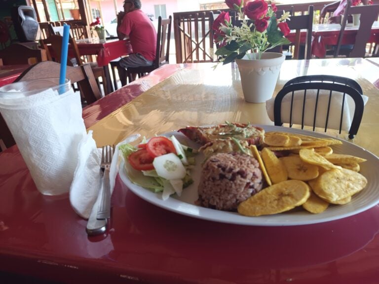 A table at a Roatan restaurant in Honduras features a plate of tacos, sliced tomatoes, plantains, and a salad, with a vase of pink and white flowers, set near a window with wooden chairs and an person in a pink shirt dining in the background.