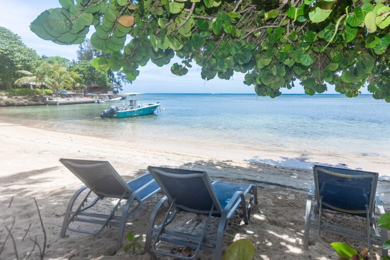 Three blue lounge chairs shaded by green leafy trees on a white sandy beach on Roatan in Honduras, overlooking calm turquoise waters with boats anchored nearby.